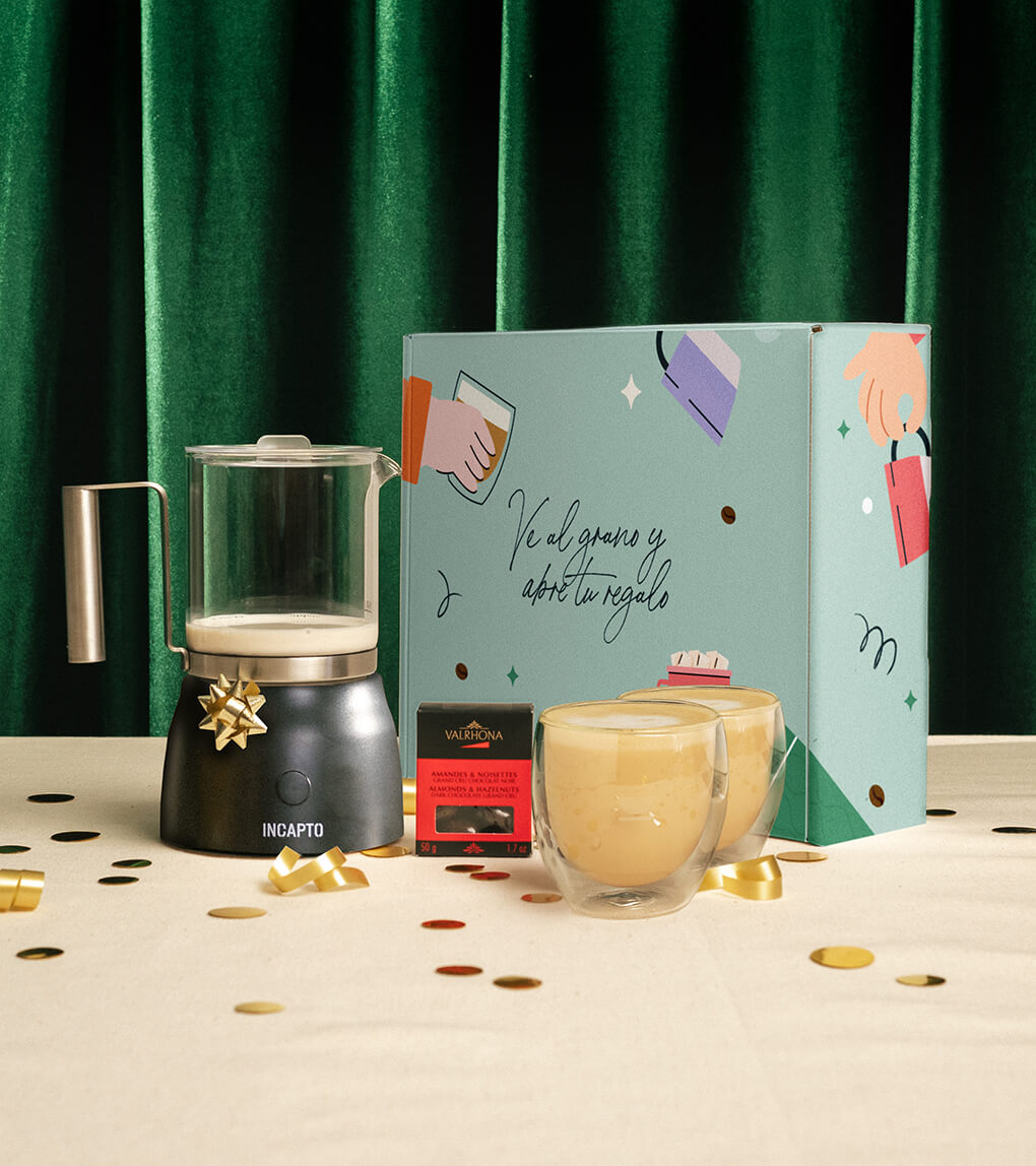 Pack de Navidad para preparar tu café latte perfecto, espumador de leche, vasos de doble pared y chocolate
