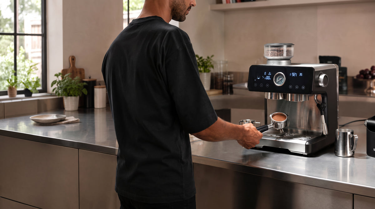 Persona preparando un espresso con la cafetera semiautomática INCAPTO Sabi