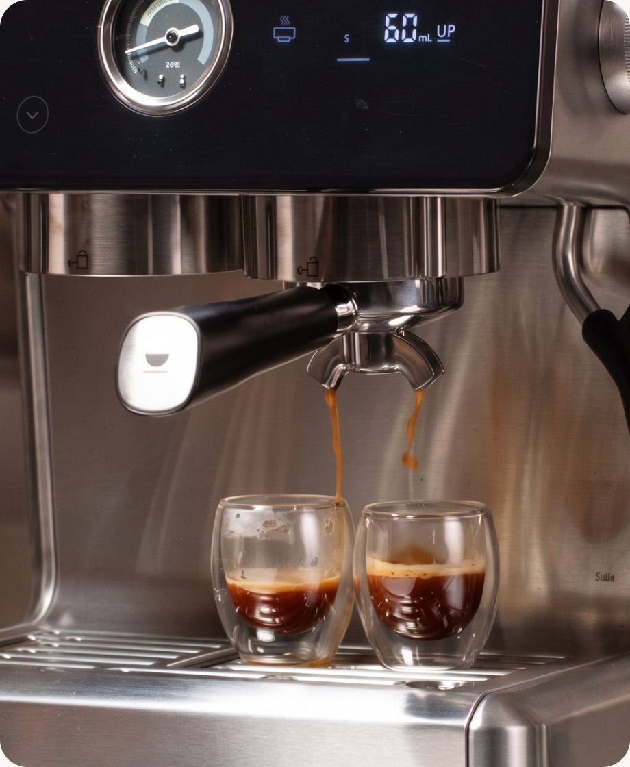 Doble espresso saliendo de la cafetera INCAPTO Sabi