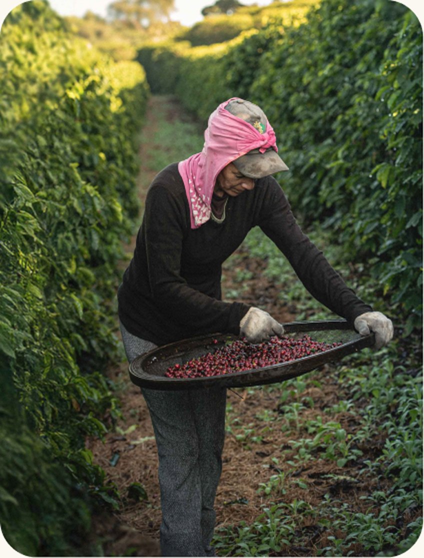 Caficultora recogiendo cerezas de café maduras en una plantación